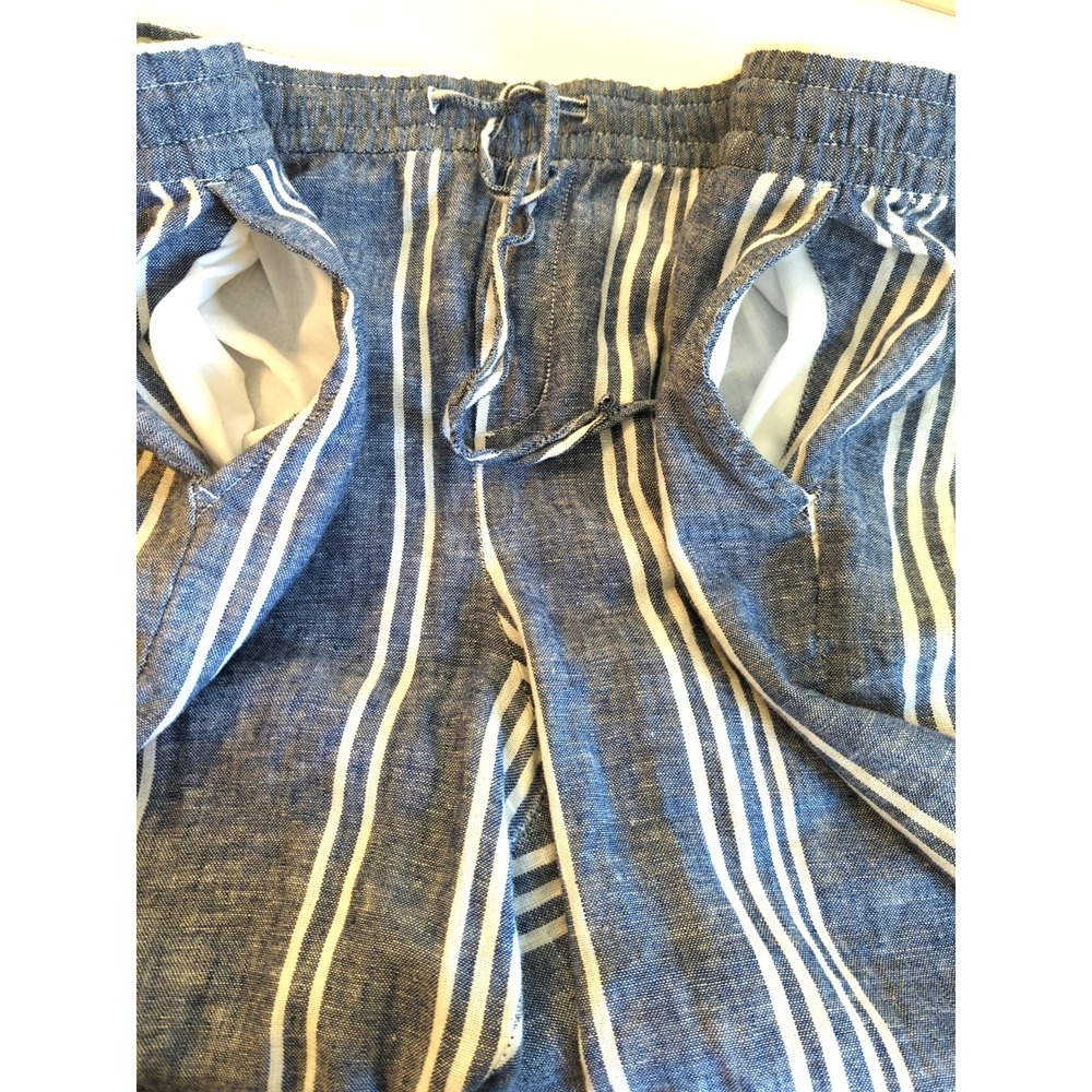 Old Navy Linen Blend Pants SZ XL Elastic Drawstring Blue Stripe Pockets Nautical